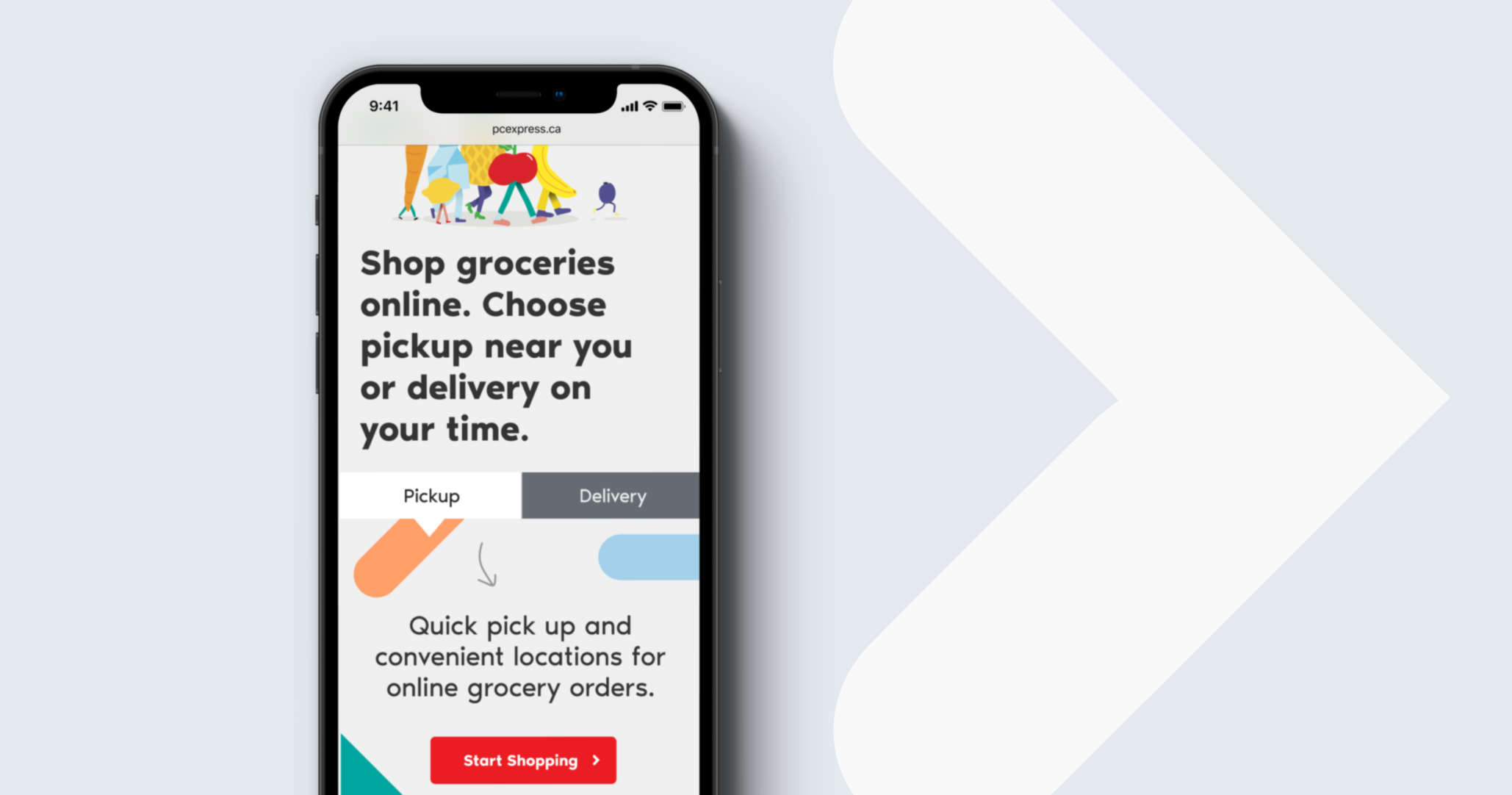 Phone screen showing the PC Express website that reads Shop groceries online. Choose pickup near you or delivery on your time. 