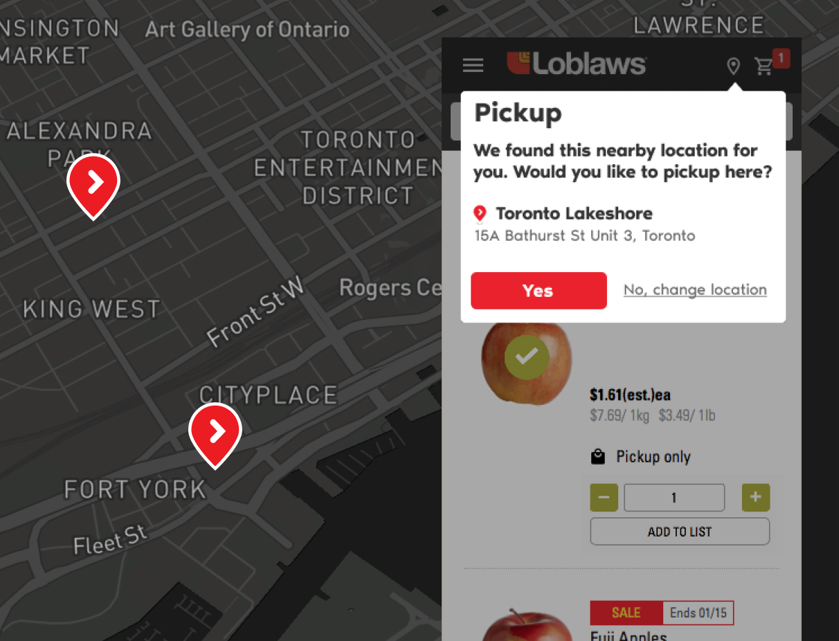Phone screen showing a pickup store confirmation dialog. A dark grey map of downtown Toronto is in the with two store location pins to the left of the phone screen.
