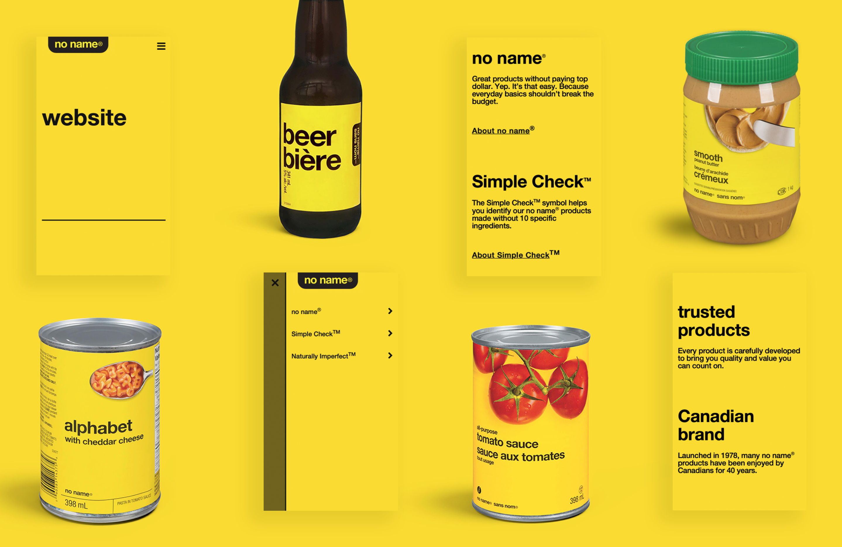 Examples of mobile designs for the noname website alongside famous noname product packaging for products like peanut butter and tomato sauce